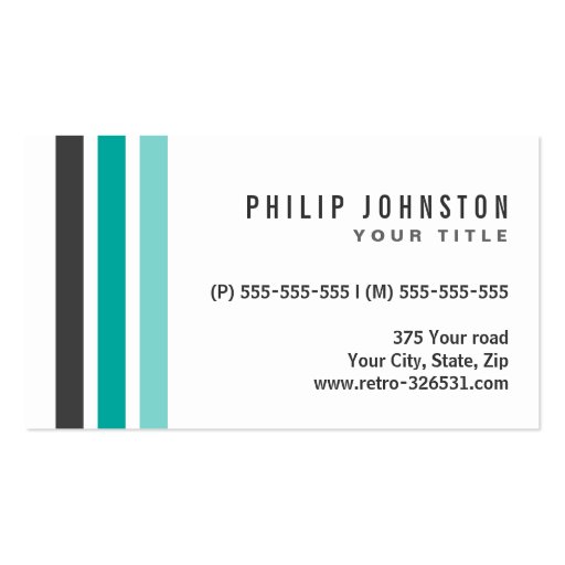 Modern gray teal aqua blue stripes stylish white business card (back side)