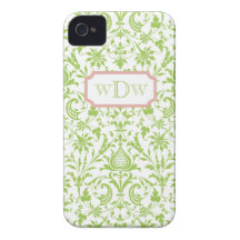 Modern Green and White Damask and Dusty Pink Frame iPhone 4 Case