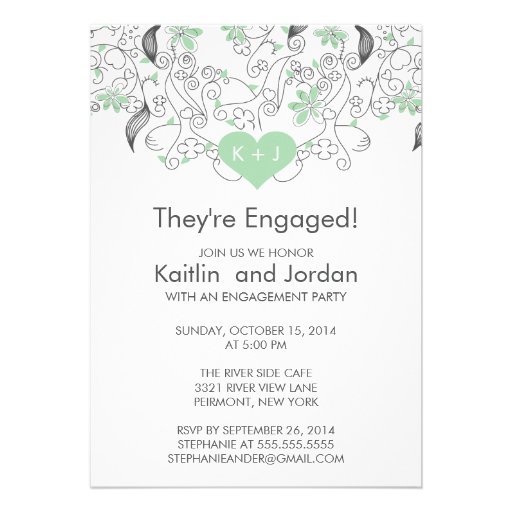 Modern Green Heart with Flowers Engagement Party Personalized Invitations