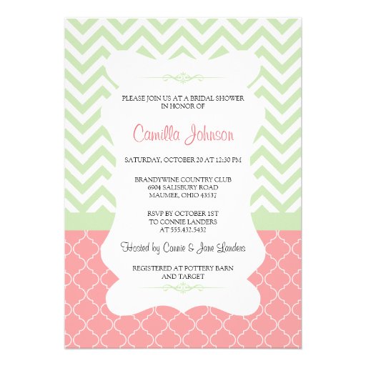 Modern Green & Pink Elegant Chevron Bridal Shower Invites
