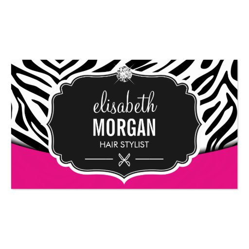 Modern Hair Stylist Black Pink Zebra Print Diamond Business Cards (front side)