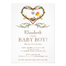 Modern Heart baby bird Boys Baby Shower Personalized Invitations