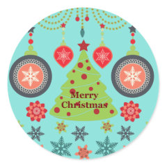 Modern Holiday Merry Christmas Tree Snowflakes Round Stickers