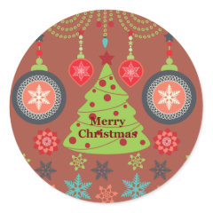 Modern Holiday Merry Christmas Tree Snowflakes Round Sticker