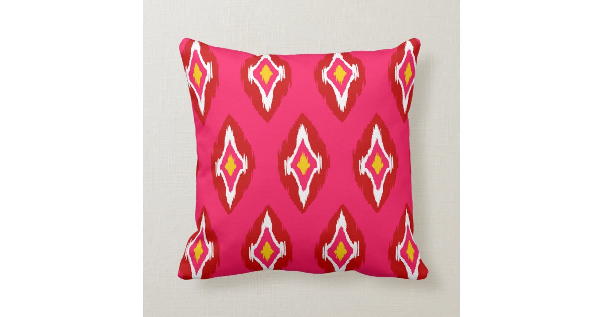 Modern hot pink red yellow Ikat Tribal Pattern 1b Throw Pillow Zazzle
