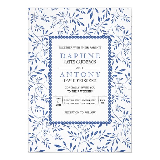 Modern indigo blue leaves pattern wedding 5x7 paper invitation card