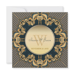 Modern Lace Monogram Teal Gold Wedding Invitation invitation