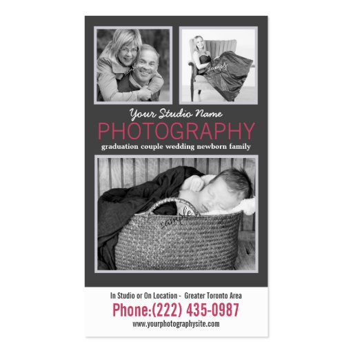 Modern Lady Photographer with 3 Sample Photos Business Card (front side)