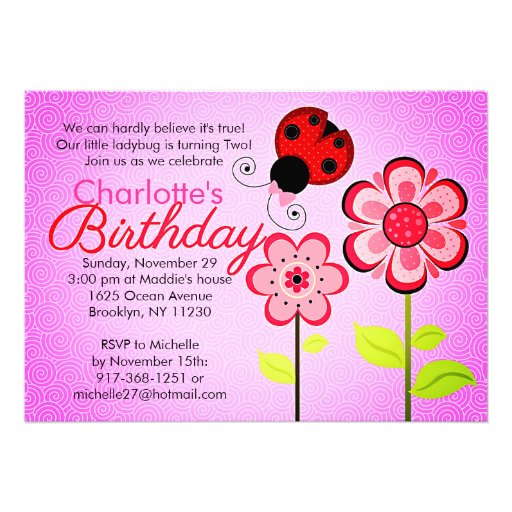 Modern Ladybug and Flowers Birthday Party Custom Invitations