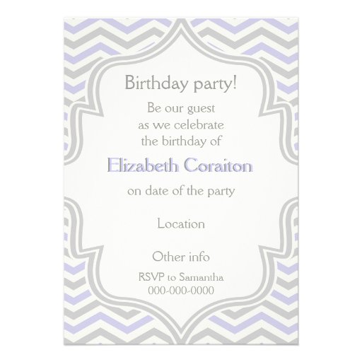 Modern lavender, grey chevron birthday photo personalized invitations