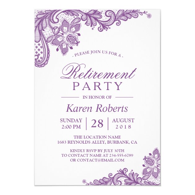 Modern Lavender Purple Lace Retirement Party Card