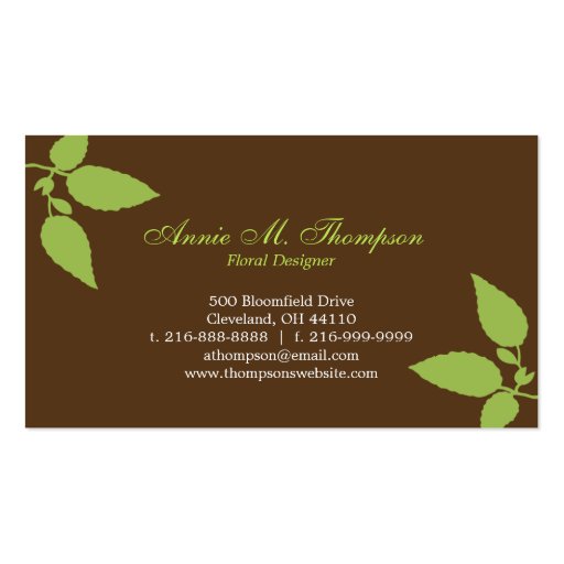 Modern Leaves Business Cards - Green/Cocoa (back side)