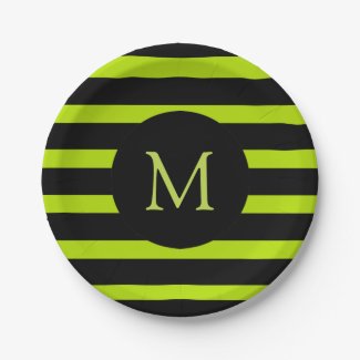 Modern Lime Green and Black Stripes Monogram