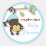 Modern Monkey Sweet Boy Baby Shower in Blue Round Sticker