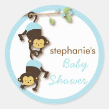 Modern Monkey Twin Boy Baby Shower in Blue Round Sticker
