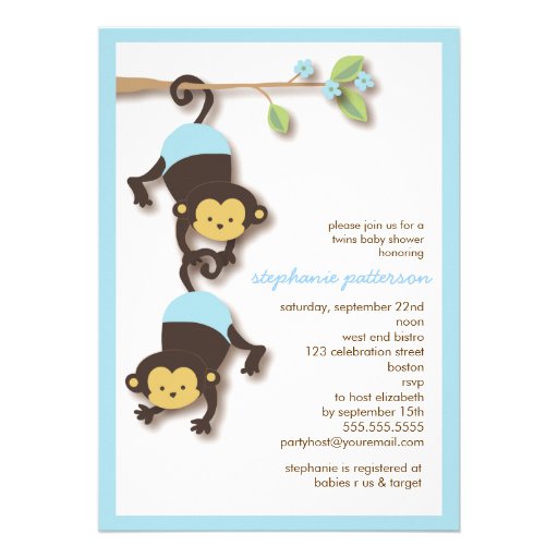 Modern Monkey Twin Boys Baby Shower Invitation from Zazzle.com