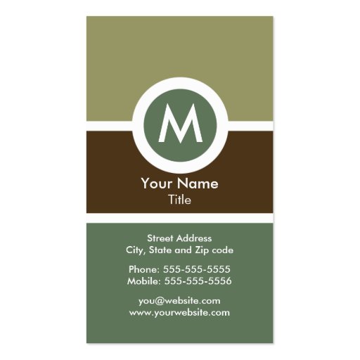 Modern Monogram Business Card - Green/Brown (front side)