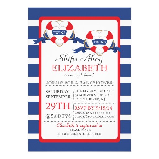 Modern Nautical Heart Buoy Twins Baby Shower Invitations (front side)