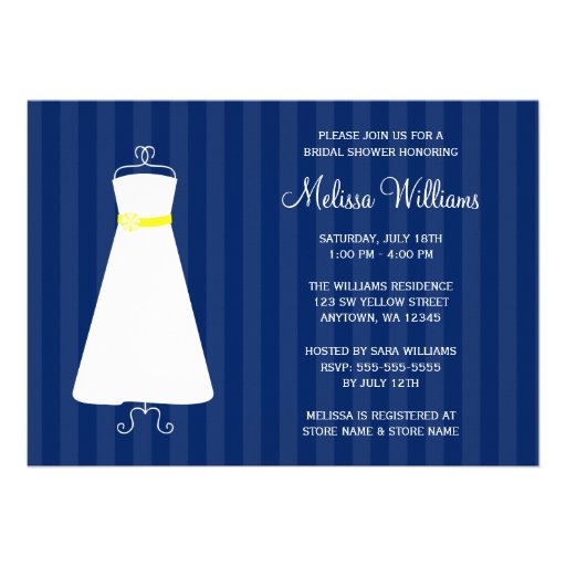 Modern Navy Blue and Yellow Gown Bridal Shower Announcements