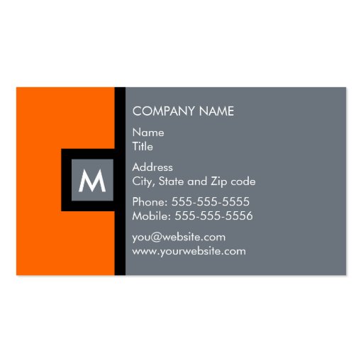 Modern Orange and Gray Monogram Business Card (front side)
