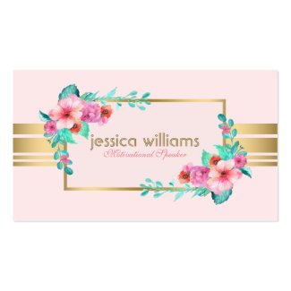 Modern, Pastel Pink, Flowers & Gold Accent Double-Sided Standard Business Cards (Pack Of 100)
