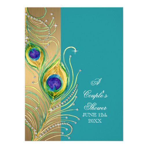 Modern Peacock Feathers Faux Jewel Bridal Shower Personalized Invites