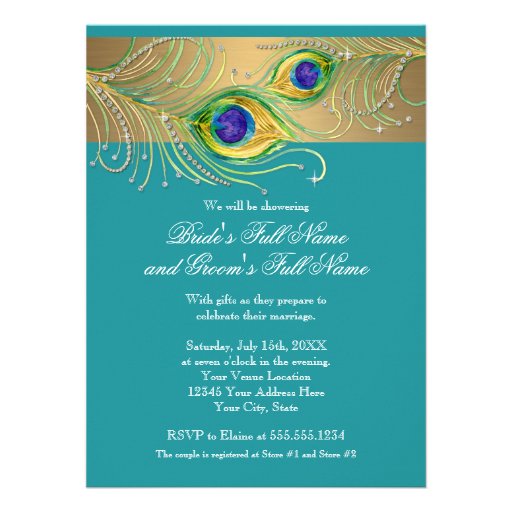 Modern Peacock Feathers Faux Jewel Bridal Shower Personalized Invites