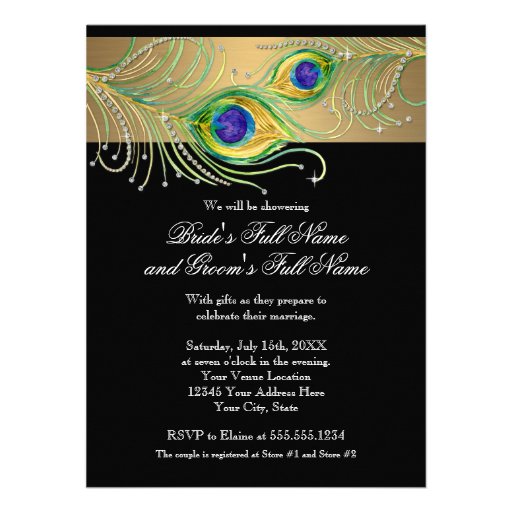 Modern Peacock Feathers Faux Jewel Scroll Swirl Personalized Announcement