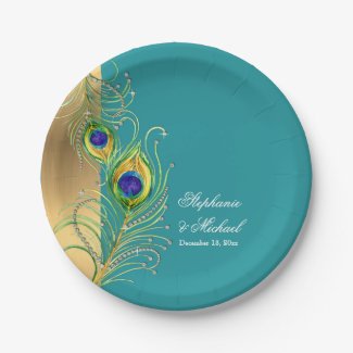 Modern Peacock Feathers Faux Jewel Scroll Weddings 7 Inch Paper Plate