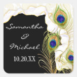 Modern Peacock Feathers Faux Ribbon Damask Swirl Square Sticker