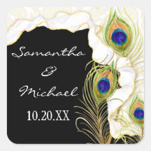 Modern Peacock Feathers Faux Ribbon Damask Swirl Square Sticker