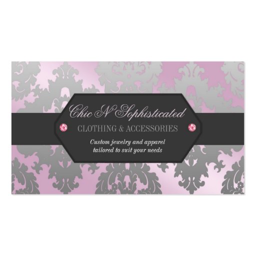 Modern Pink and Silver Damask Business Card (front side)