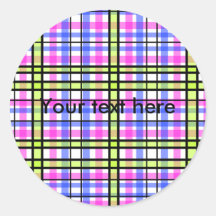 Modern pink blue yellow plaid round sticker