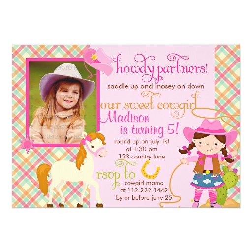 Modern Pink Cowgirl Little Horse Cute Photo Party Announcements