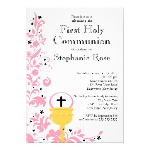 Modern Pink Floral First Holy Communion Invitation (front side)