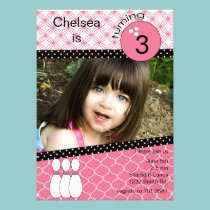 Modern pink girls bowling invitation with photo invitations