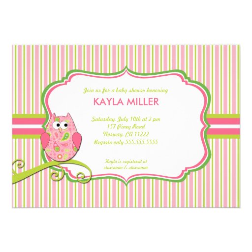 Modern Pink & Green Paisley Owl Baby Shower Invite (front side)