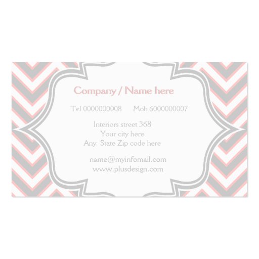 Modern pink, grey chevron monogram personalized business card templates (back side)