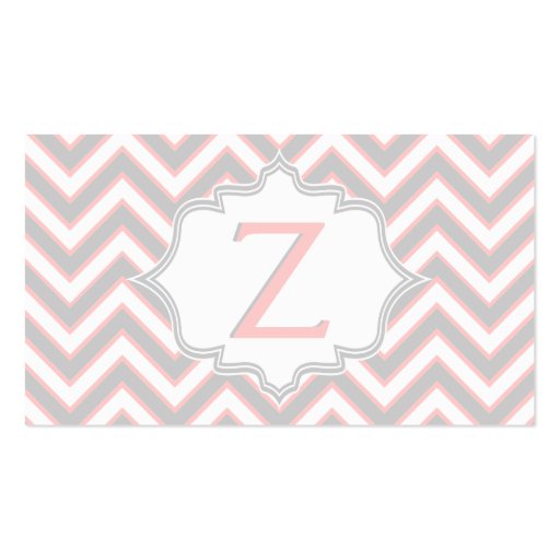 Modern pink, grey chevron monogram personalized business card templates (front side)