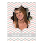 Modern pink, grey chevron zigzag birthday photo announcements