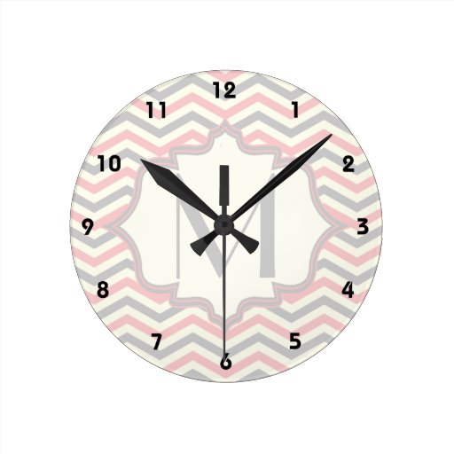 Modern pink, grey, ivory chevron pattern custom round clock Zazzle