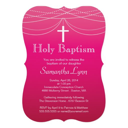 Modern Pink Ombre Garland Cross Holy Baptism Custom Invitations