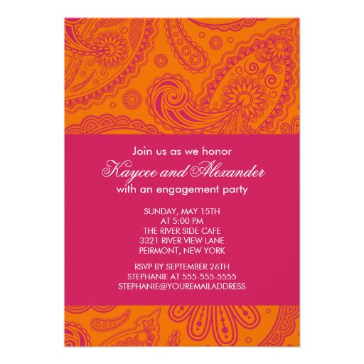 Modern Pink Orange Paisley Engagement Invitations