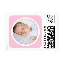 Modern pink photo frame for birth announcements stamps