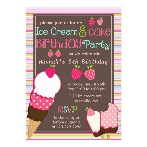 Modern Pink Strawberries & Ice Cream Girls Party Custom Invite