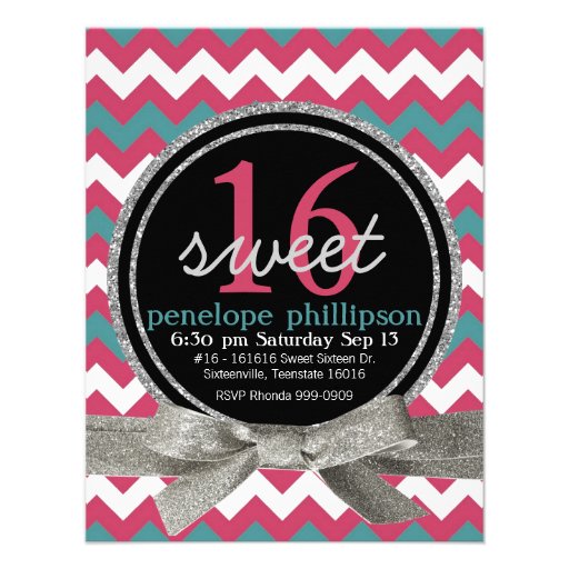 Modern Pink Teal Chevron Girly Sweet 16 Invitations (front side)