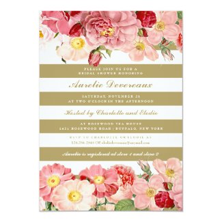 Modern Pink Vintage Roses Stripes Bridal Shower 5x7 Paper Invitation Card