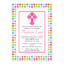 Modern Polka Dots Baby Girl Baptism Christening Personalized Invites