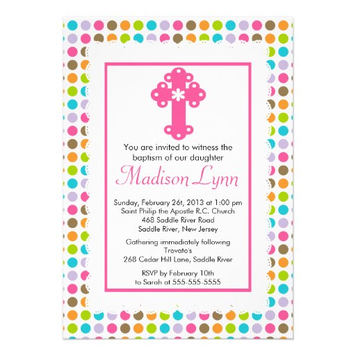 Modern Polka Dots Baby Girl Baptism Christening Personalized Invites