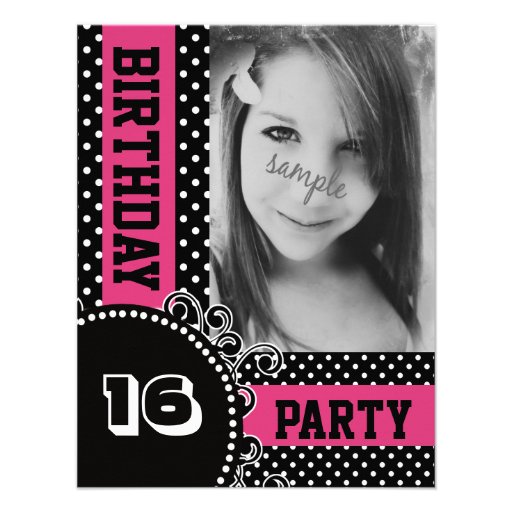 Modern Polka Dots Pink Girl Party with Photo Custom Invites (front side)
